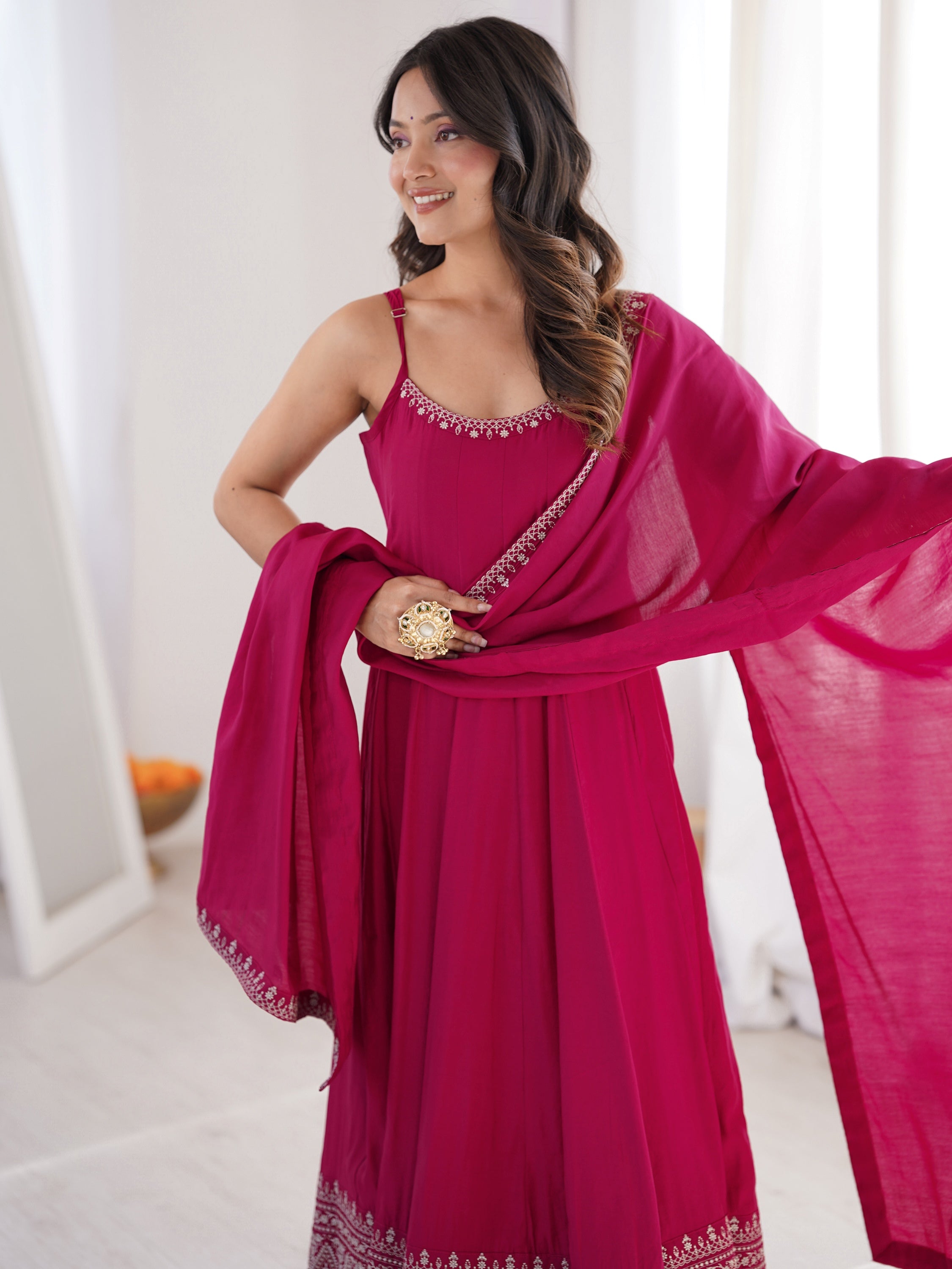 Lovely Pink Lace Border Chanderi Wedding Wear Anarkali Suit With Dupatta