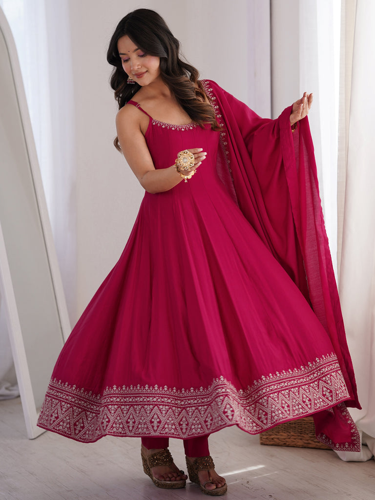 Lovely Pink Lace Border Chanderi Wedding Wear Anarkali Suit With Dupatta
