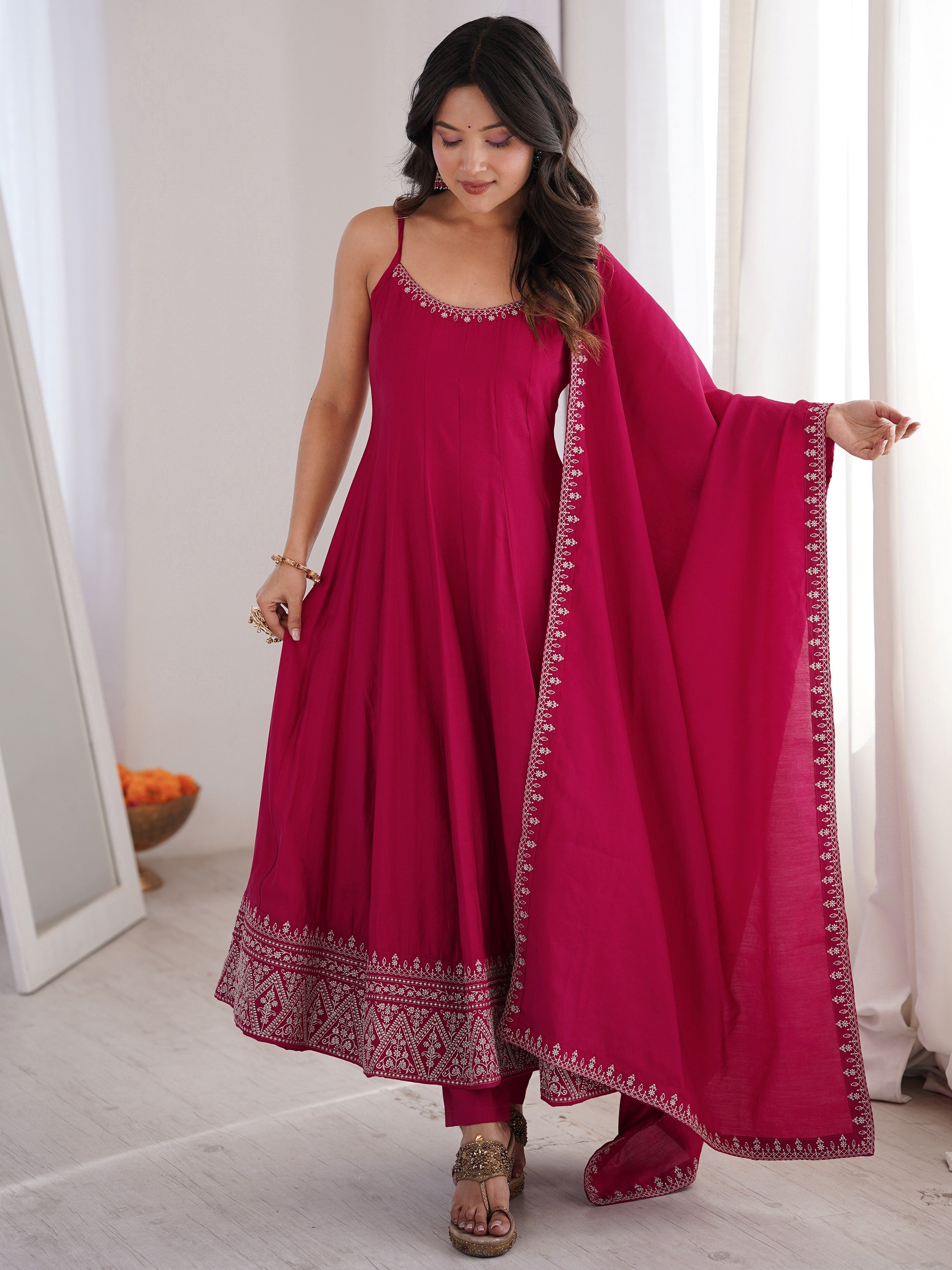 Lovely Pink Lace Border Chanderi Wedding Wear Anarkali Suit With Dupatta
