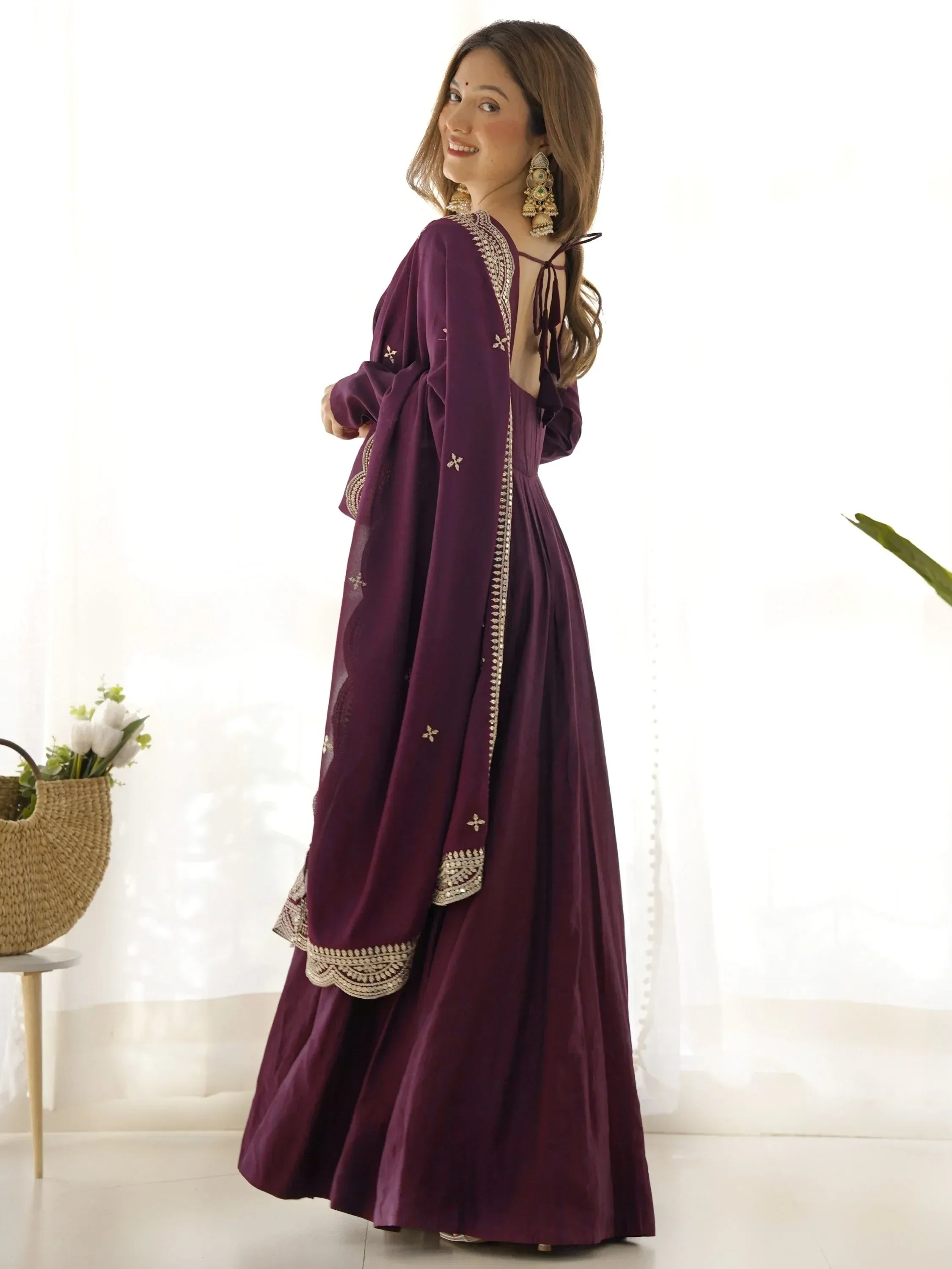 Superior Wine Silk Anarkali Pant Suit With Embroidered Dupatta
