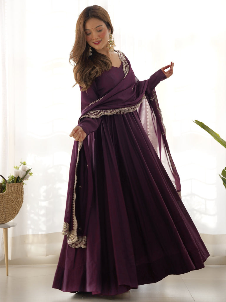 Superior Wine Silk Anarkali Pant Suit With Embroidered Dupatta
