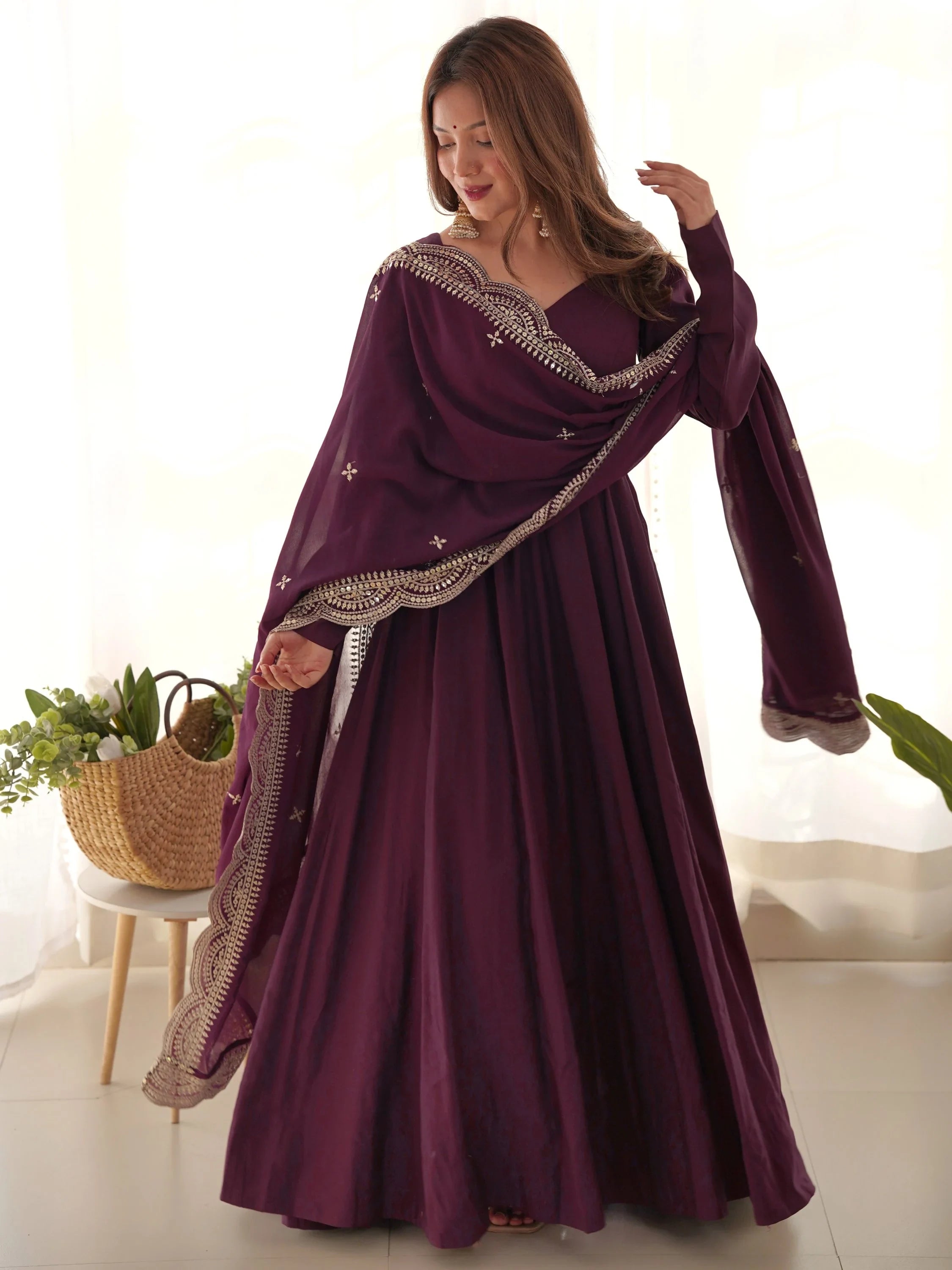 Superior Wine Silk Anarkali Pant Suit With Embroidered Dupatta