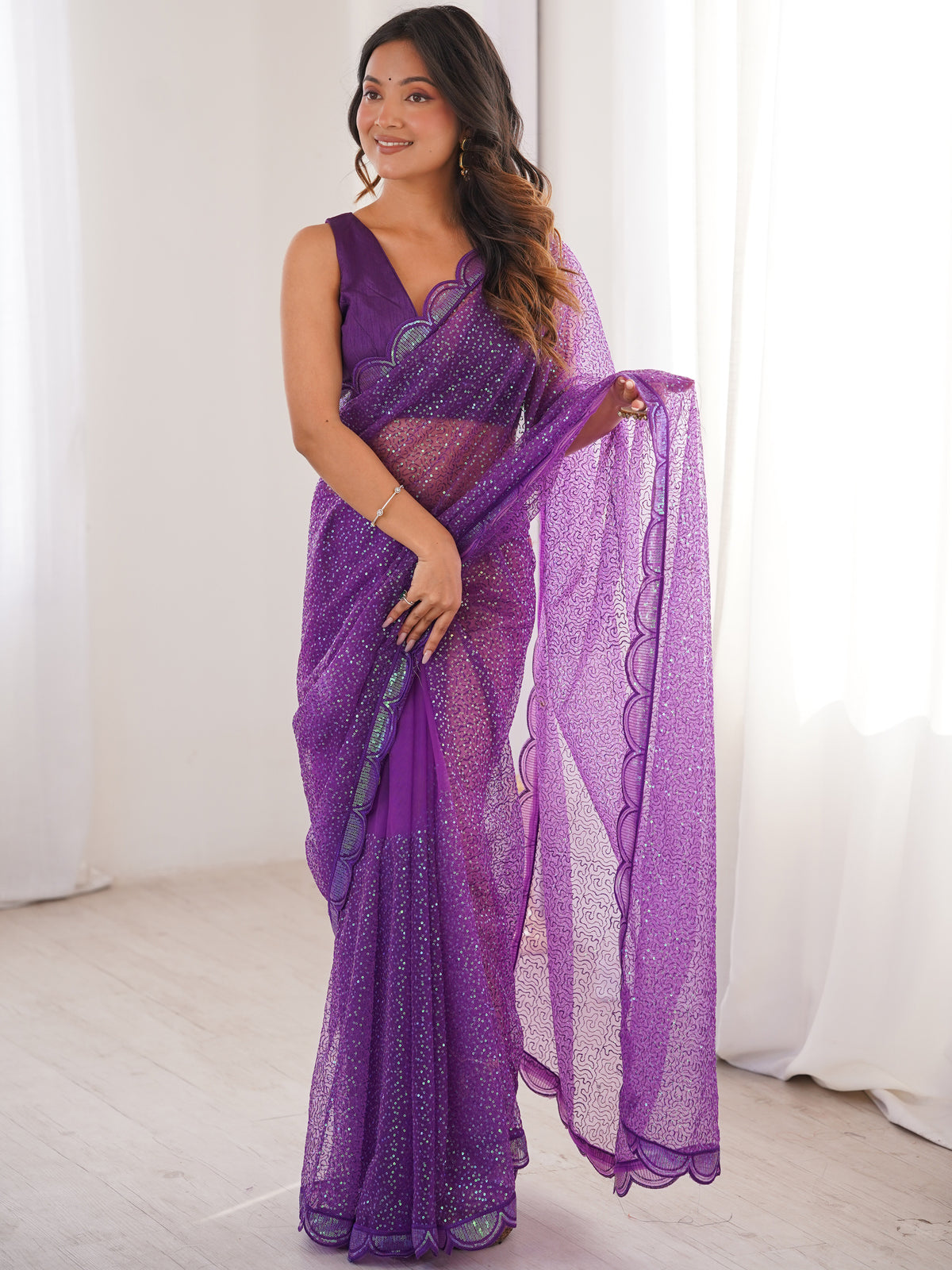 Sparkling Purple Sequins Silk Wedding Wear Saree With Blouse