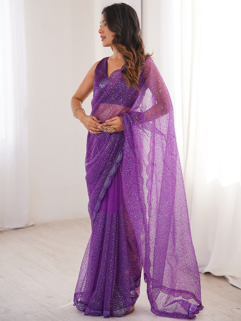Sparkling Purple Sequins Silk Wedding Wear Saree With Blouse