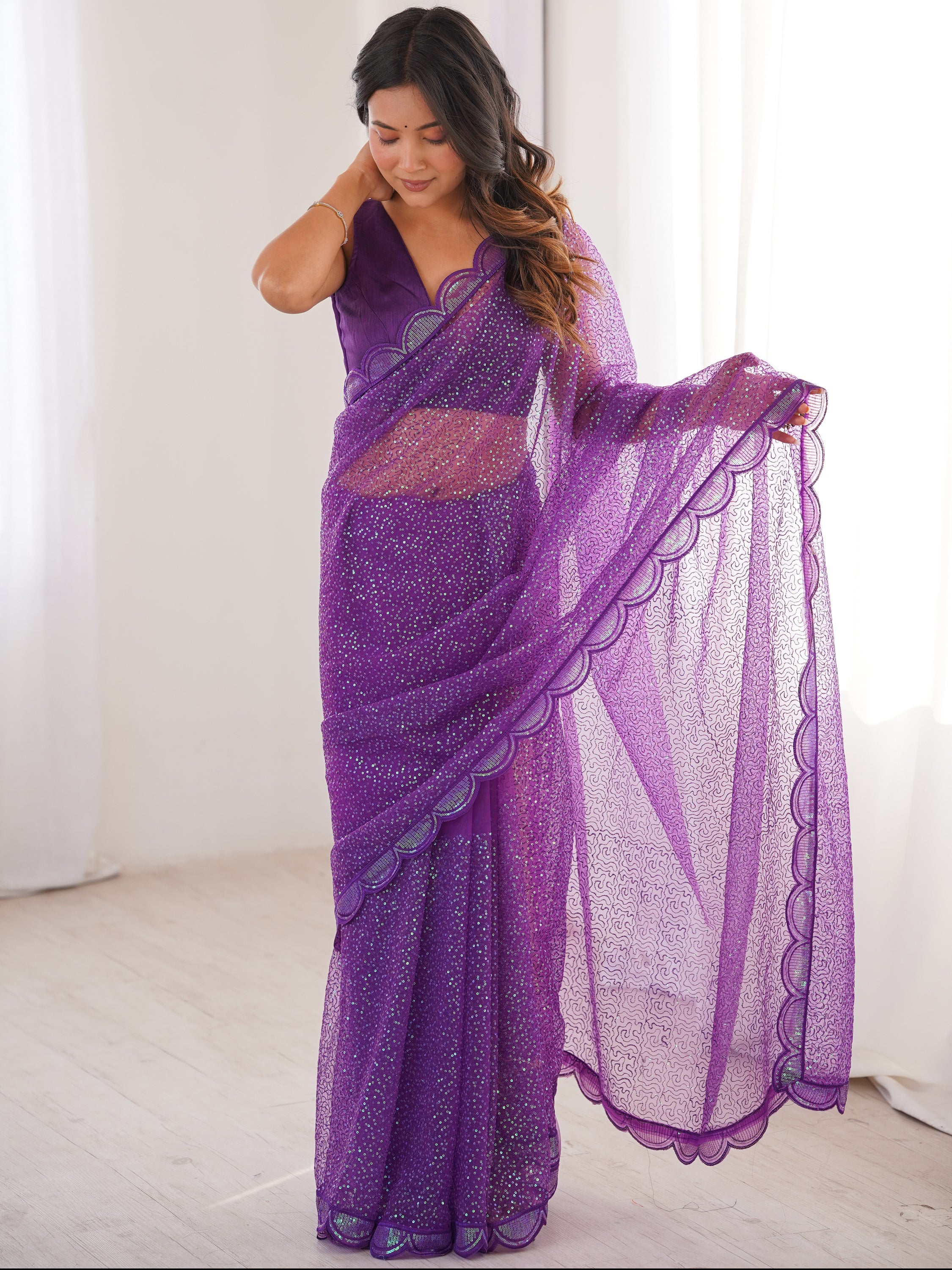 Sparkling Purple Sequins Silk Wedding Wear Saree With Blouse
