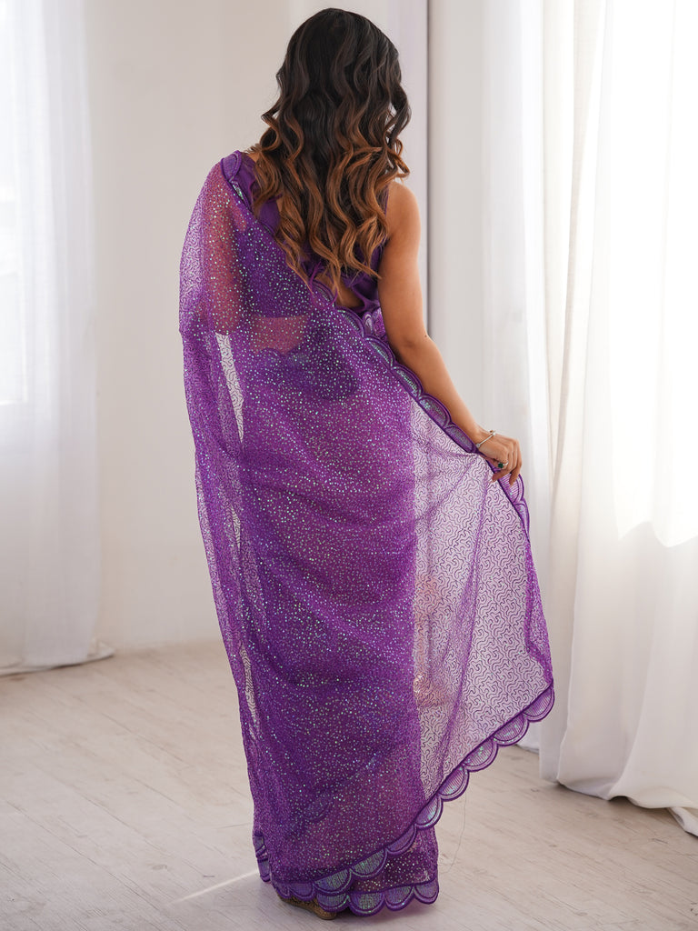 Sparkling Purple Sequins Silk Wedding Wear Saree With Blouse