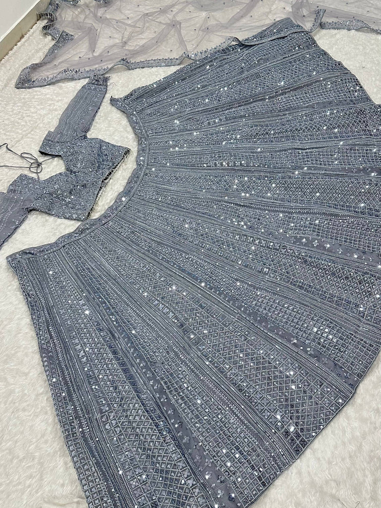 Sparkling Grey Silk Sequins Party Wear Lehenga Choli With Dupatta