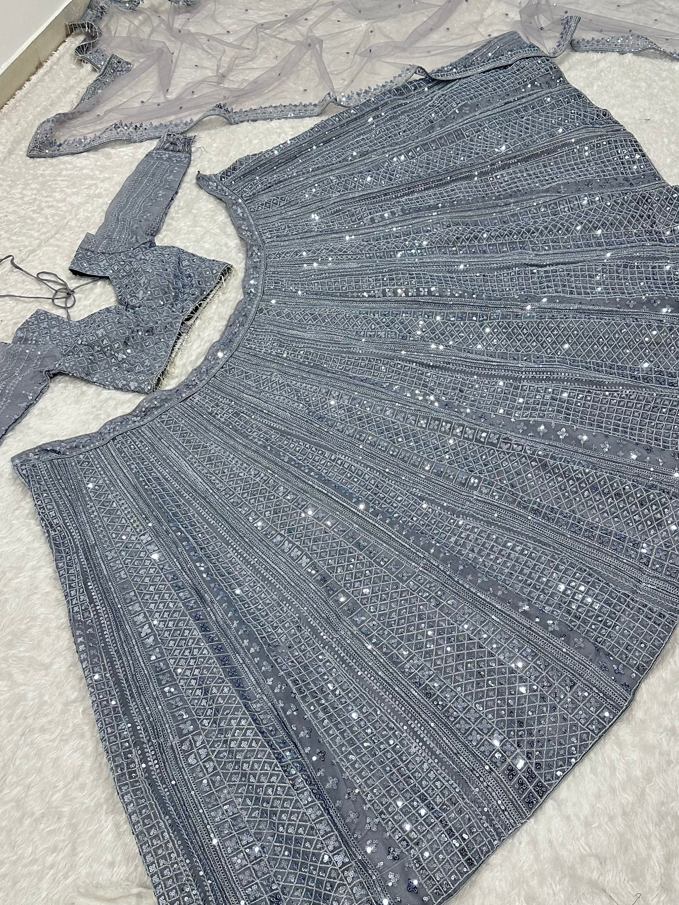 Sparkling Grey Silk Sequins Party Wear Lehenga Choli With Dupatta