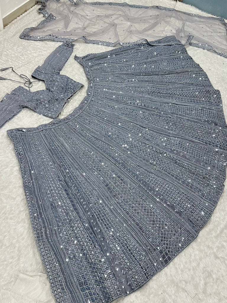 Sparkling Grey Silk Sequins Party Wear Lehenga Choli With Dupatta