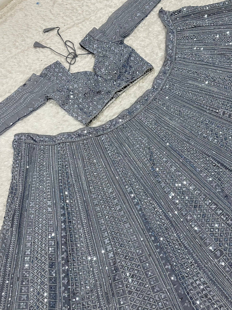 Sparkling Grey Silk Sequins Party Wear Lehenga Choli With Dupatta