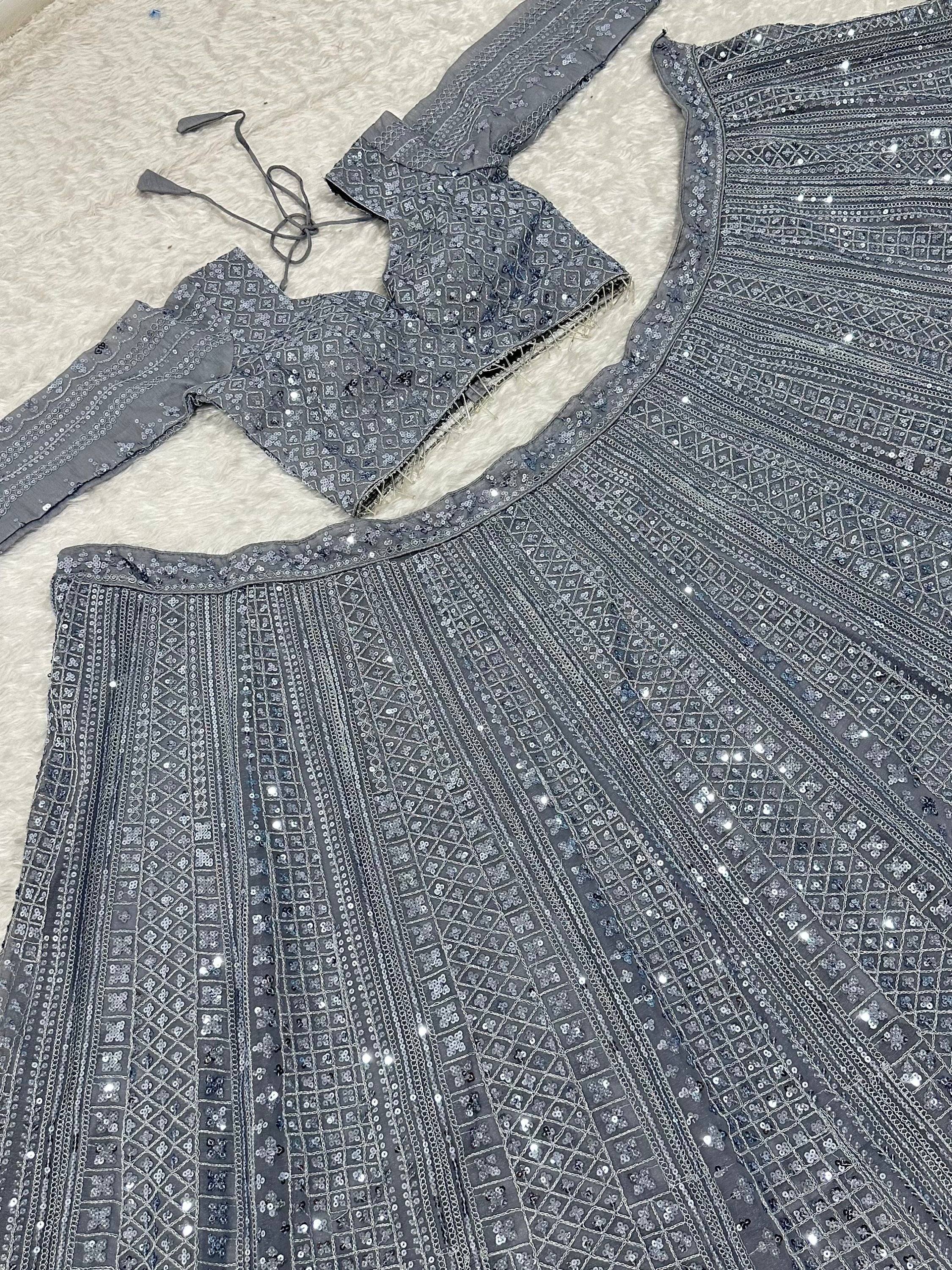 Sparkling Grey Silk Sequins Party Wear Lehenga Choli With Dupatta