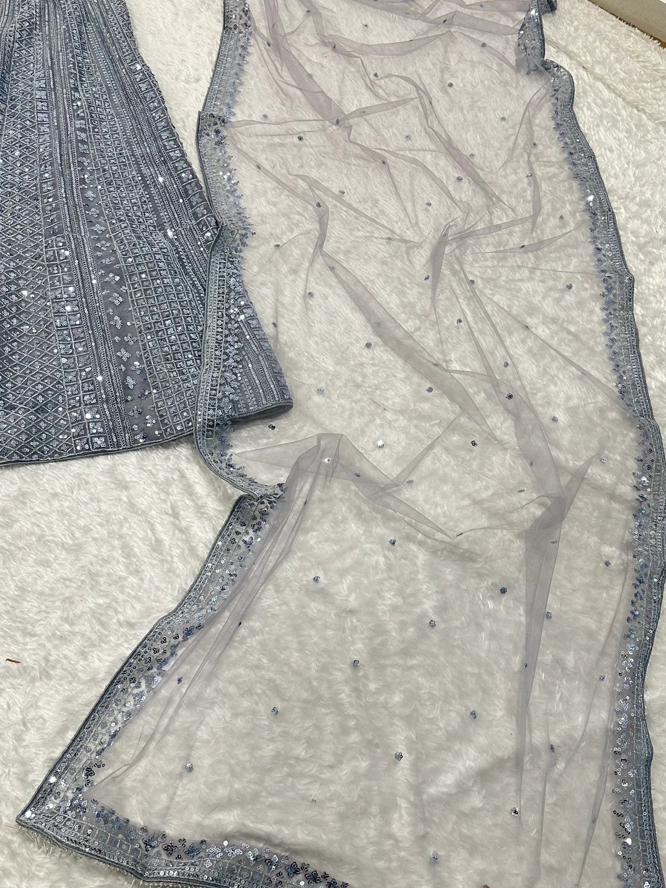 Sparkling Grey Silk Sequins Party Wear Lehenga Choli With Dupatta