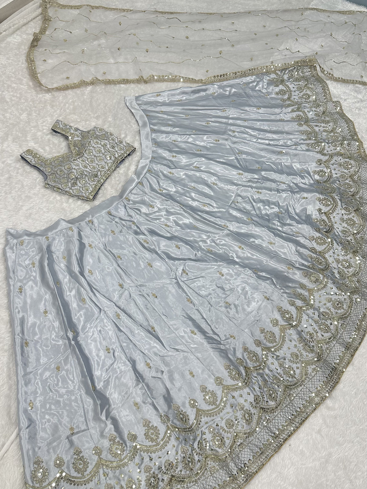 Stunning Grey Zari Work Satin Wedding Wear Lehenga Choli With Dupatta
