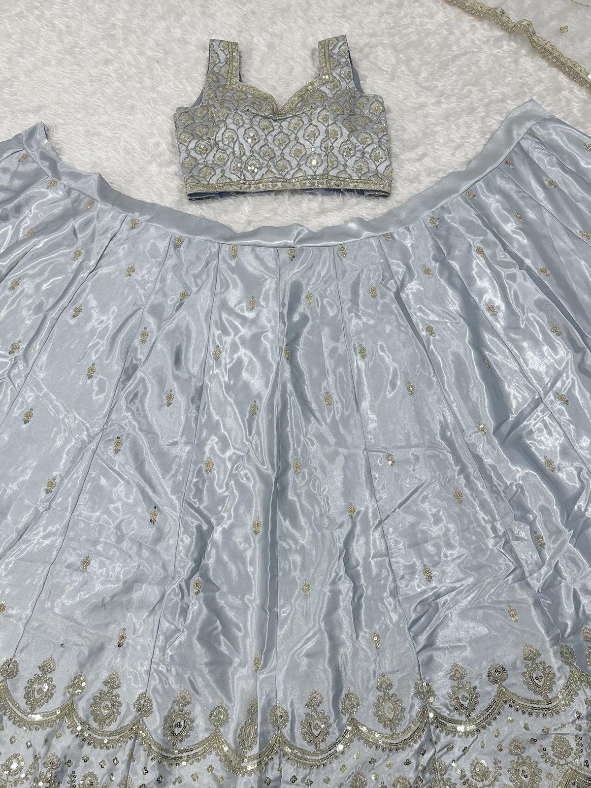 Stunning Grey Zari Work Satin Wedding Wear Lehenga Choli With Dupatta