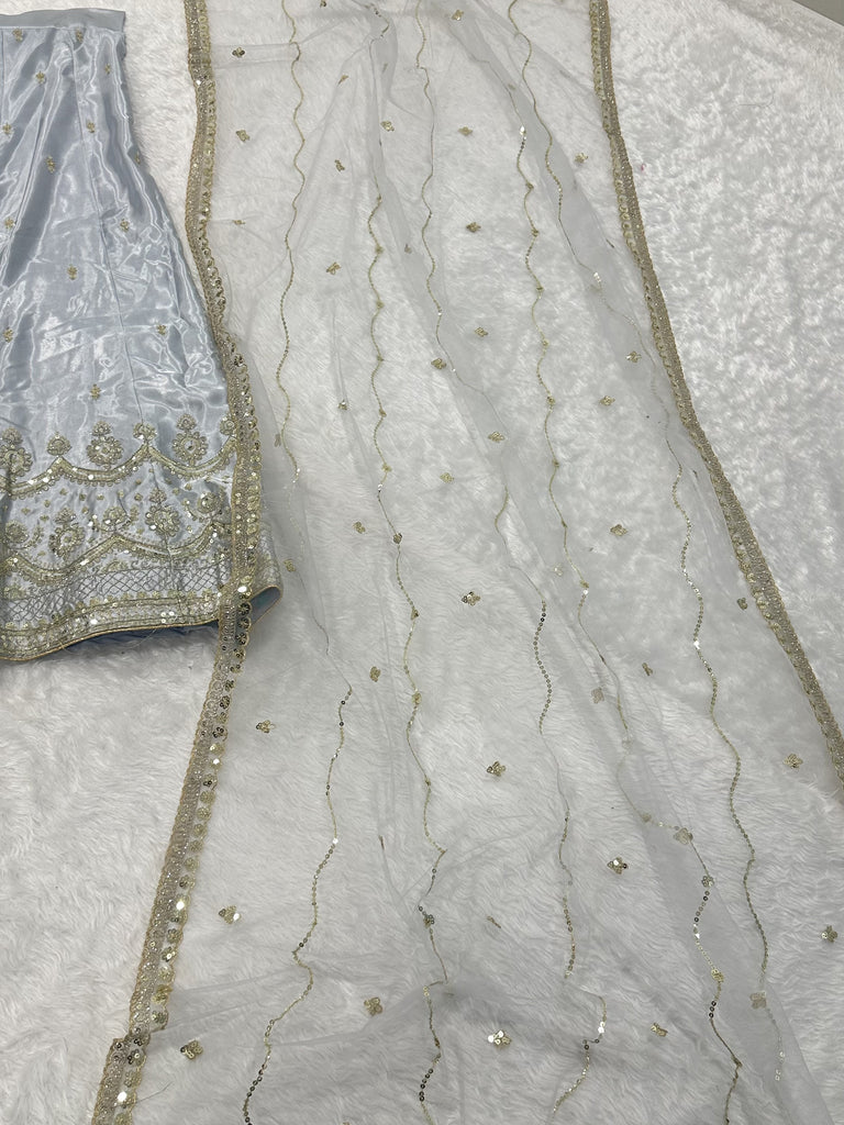 Stunning Grey Zari Work Satin Wedding Wear Lehenga Choli With Dupatta