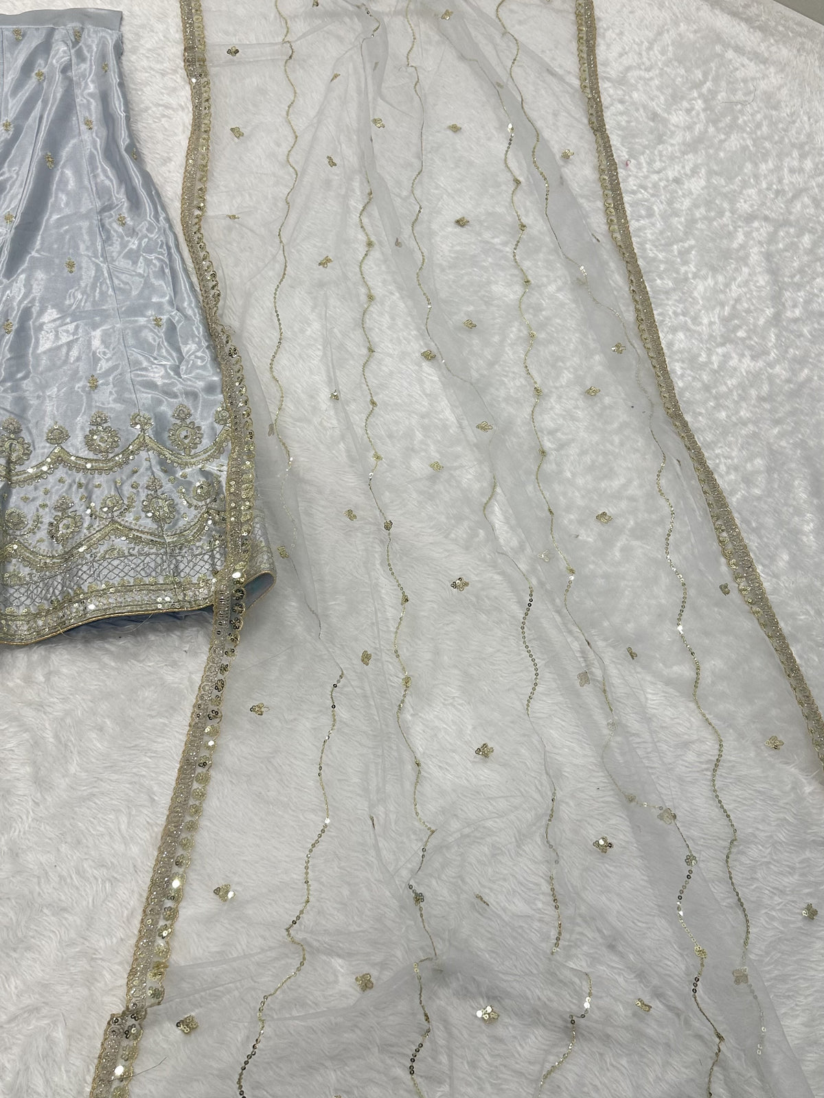 Stunning Grey Zari Work Satin Wedding Wear Lehenga Choli With Dupatta