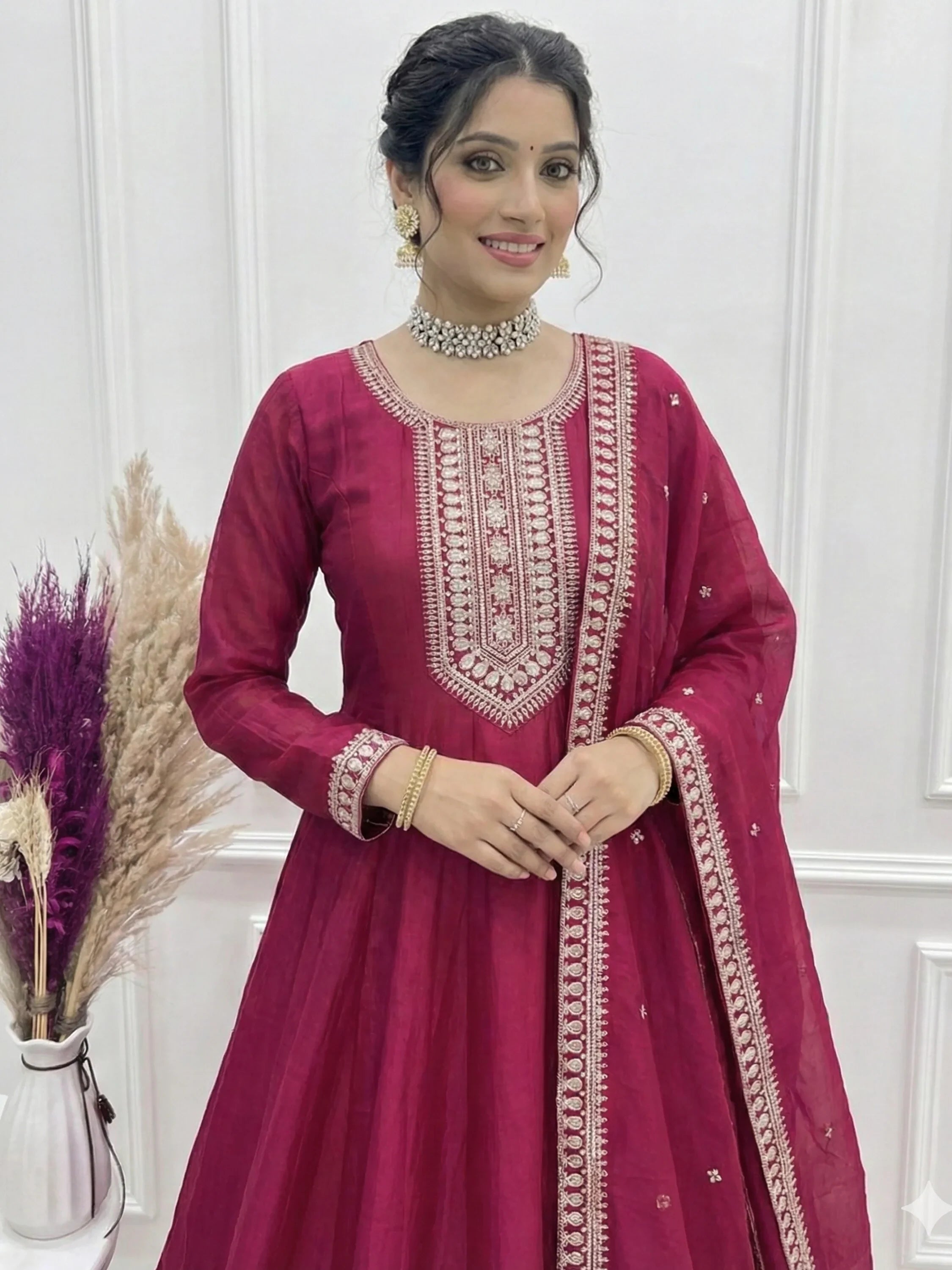 Gorgeous Pink Sequins Silk Festival Wear Anarkali Gown With Dupatta