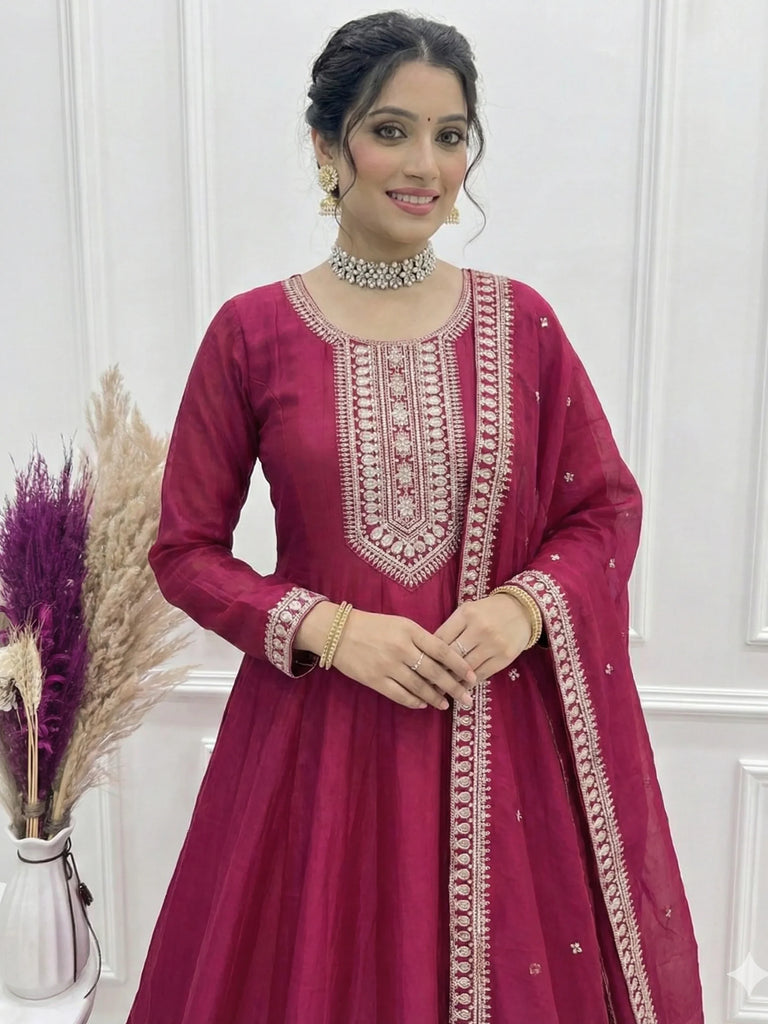 Gorgeous Pink Sequins Silk Festival Wear Anarkali Gown With Dupatta
