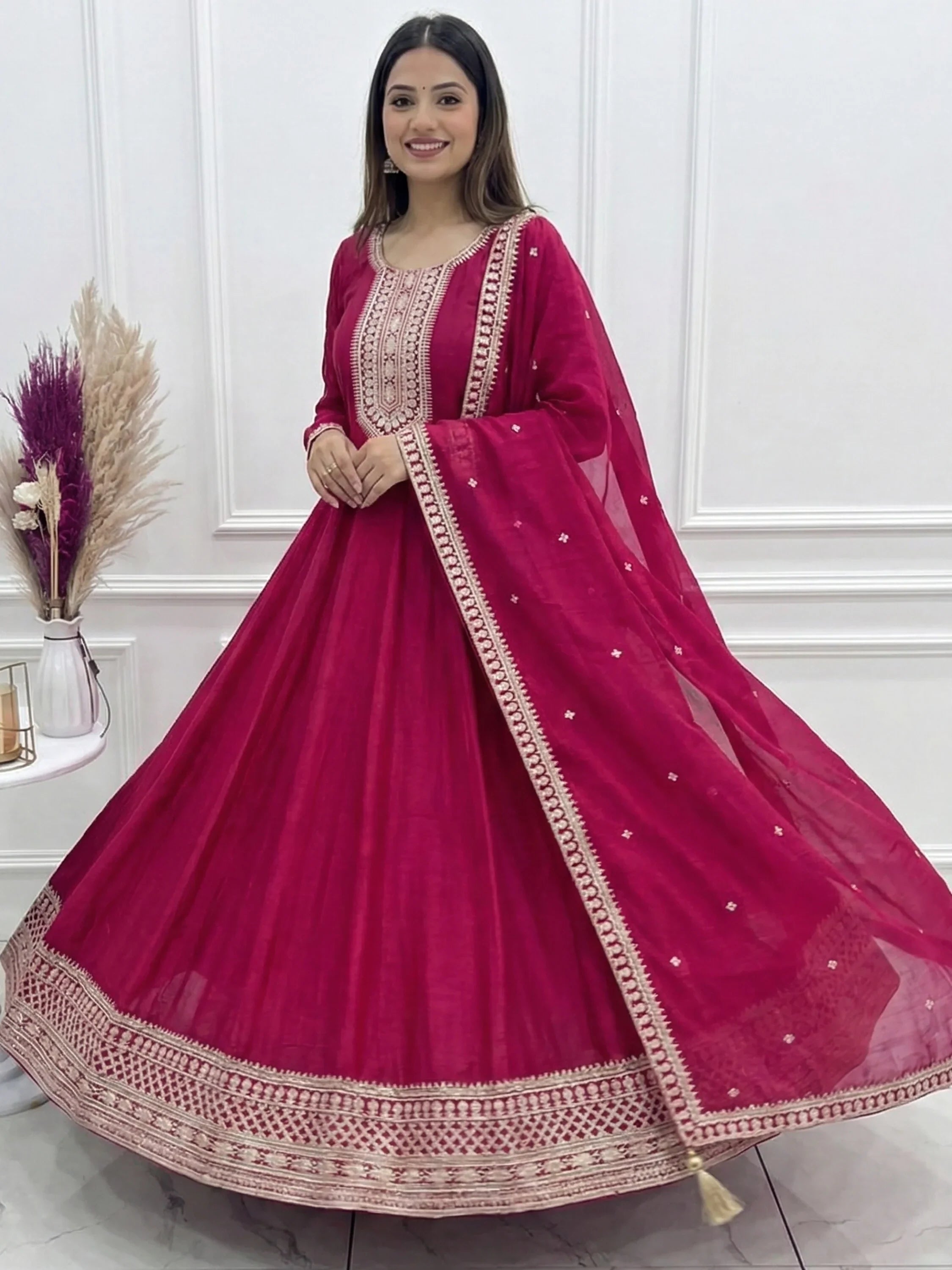 Gorgeous Pink Sequins Silk Festival Wear Anarkali Gown With Dupatta
