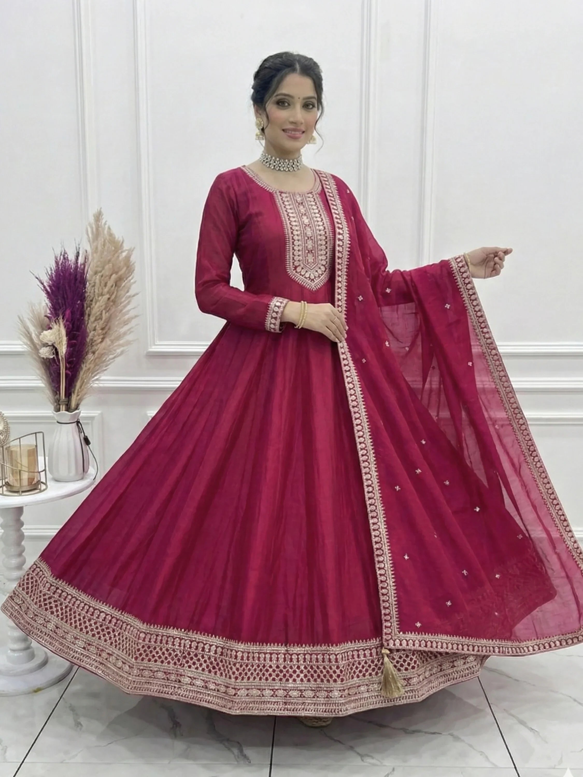 Gorgeous Pink Sequins Silk Festival Wear Anarkali Gown With Dupatta