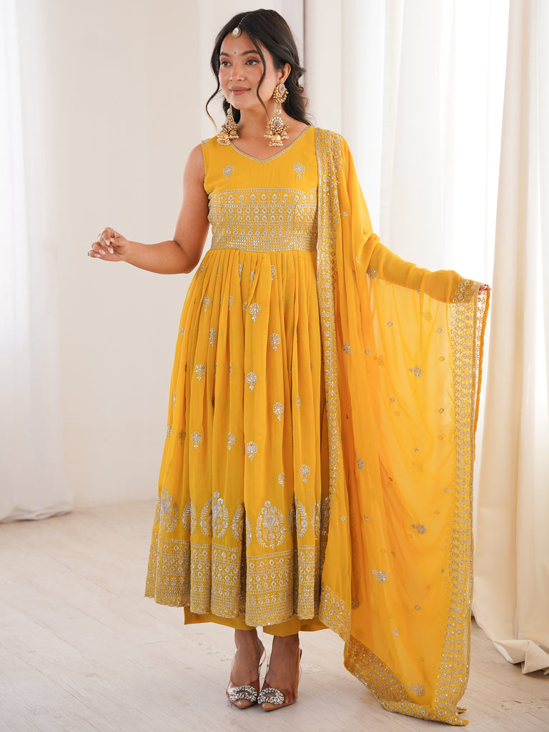 Excellent Mustard Yellow Embroidered Haldi Wear Anarkali Suit