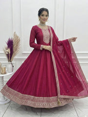 Gorgeous Pink Sequins Silk Festival Wear Anarkali Gown With Dupatta