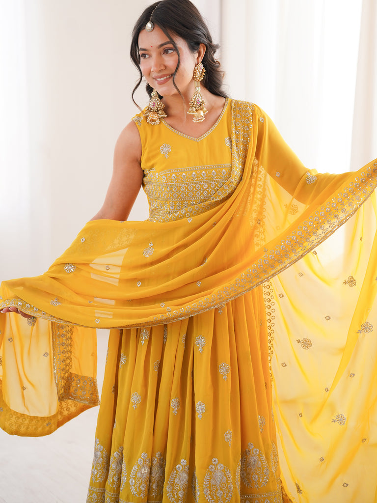Excellent Mustard Yellow Embroidered Haldi Wear Anarkali Suit