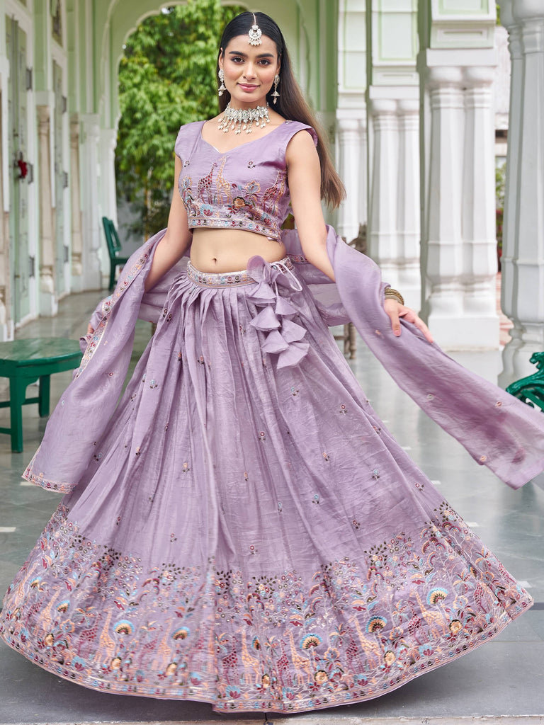 Gorgeous Lavender Embroidered Crushed Wedding Wear Lehenga Choli