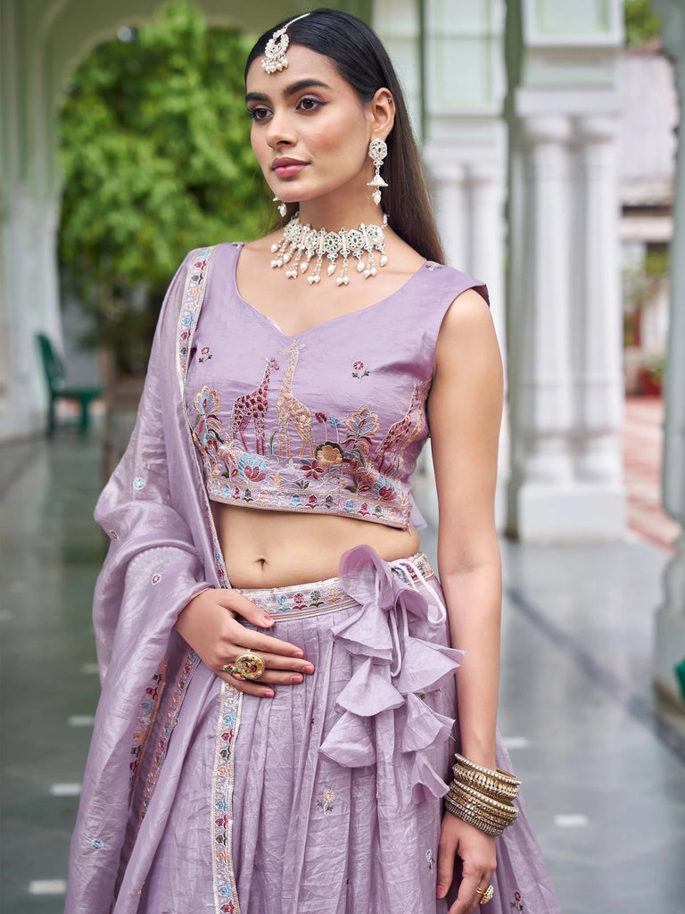 Gorgeous Lavender Embroidered Crushed Wedding Wear Lehenga Choli