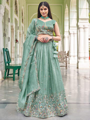 Elegant Green Embroidered Crushed Festival Wear Lehenga Choli