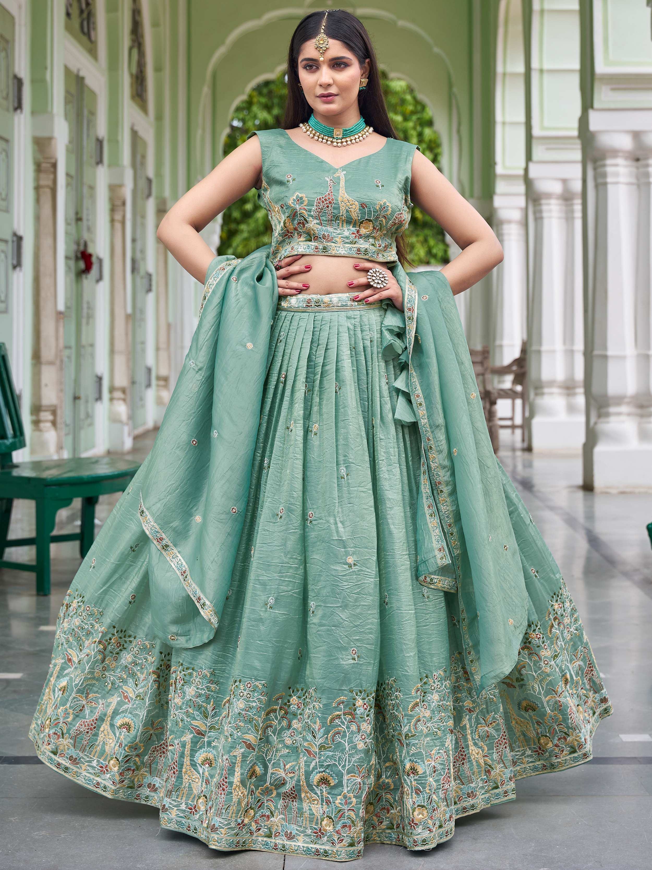 Elegant Green Embroidered Crushed Festival Wear Lehenga Choli
