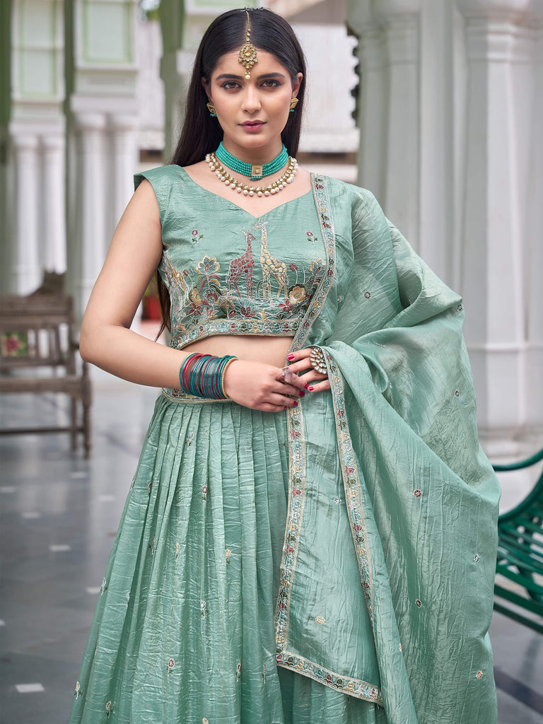 Elegant Green Embroidered Crushed Festival Wear Lehenga Choli