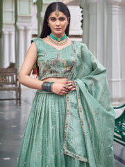 Elegant Green Embroidered Crushed Festival Wear Lehenga Choli