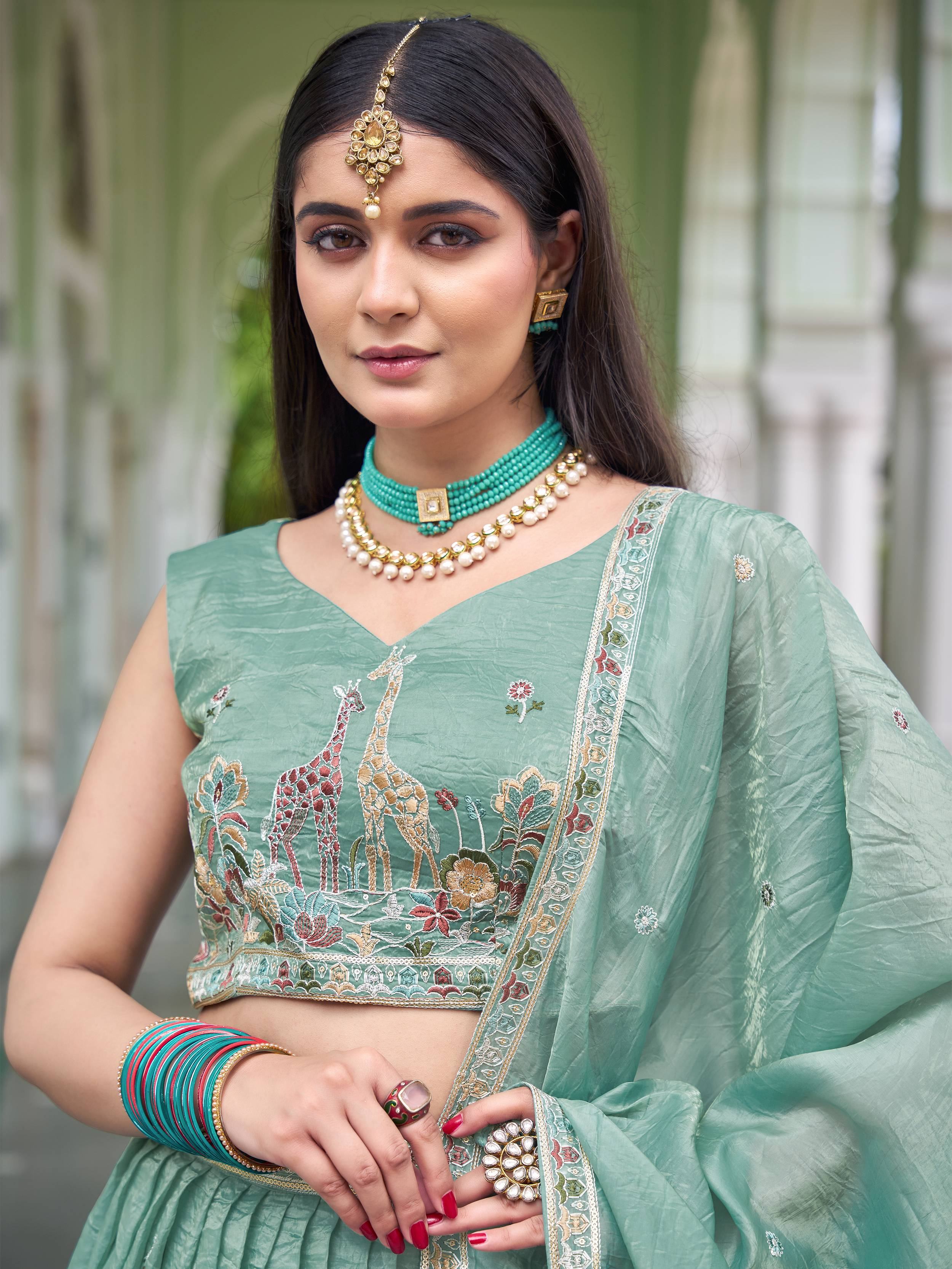 Elegant Green Embroidered Crushed Festival Wear Lehenga Choli