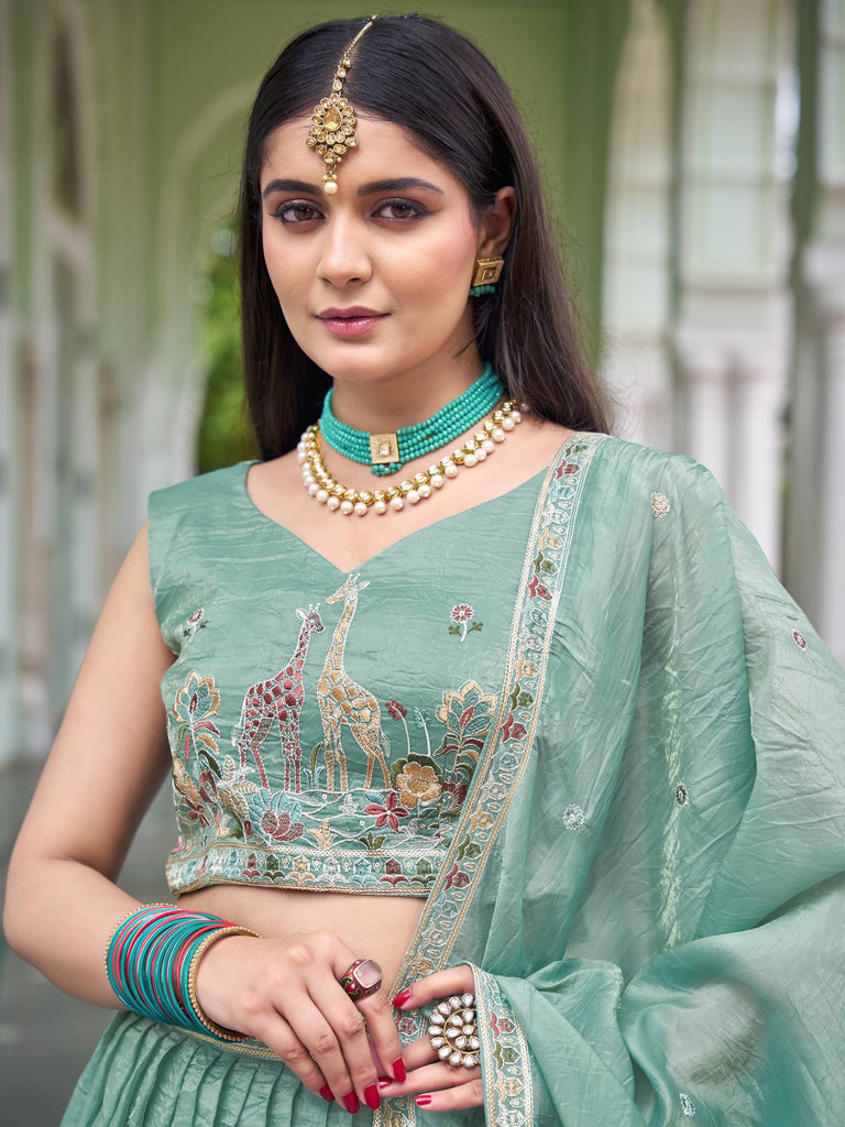 Elegant Green Embroidered Crushed Festival Wear Lehenga Choli