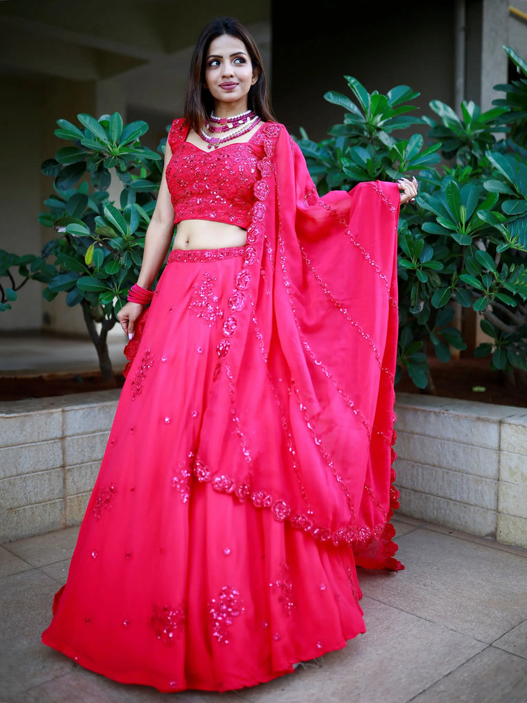 Beautiful Pink Sequins Georgette Wedding Lehenga Choli With Dupatta