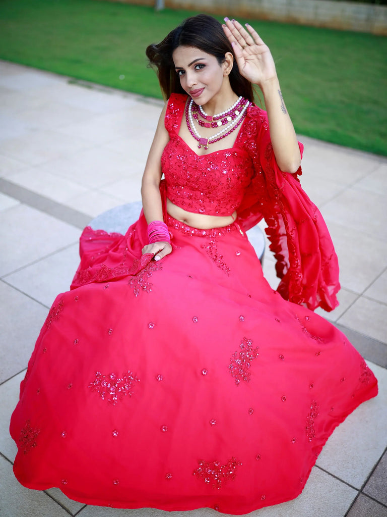 Beautiful Pink Sequins Georgette Wedding Lehenga Choli With Dupatta