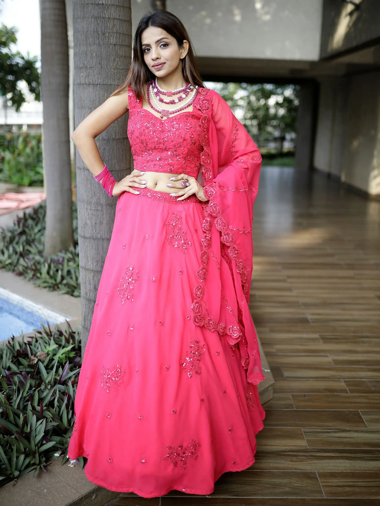Beautiful Pink Sequins Georgette Wedding Lehenga Choli With Dupatta