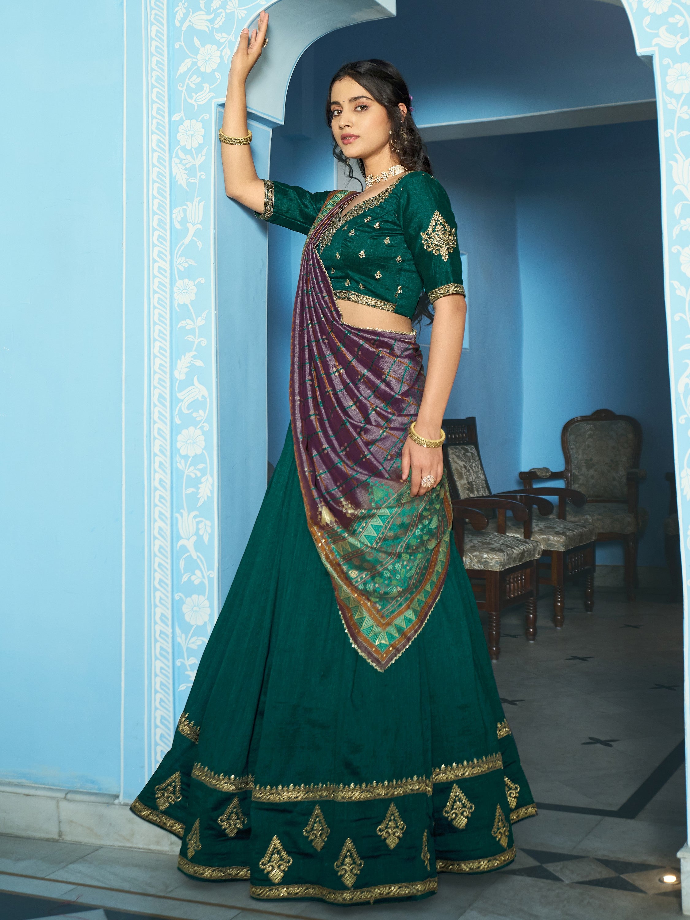 Attractive Teal Green Embroidered Silk Mehendi Wear Lehenga Choli