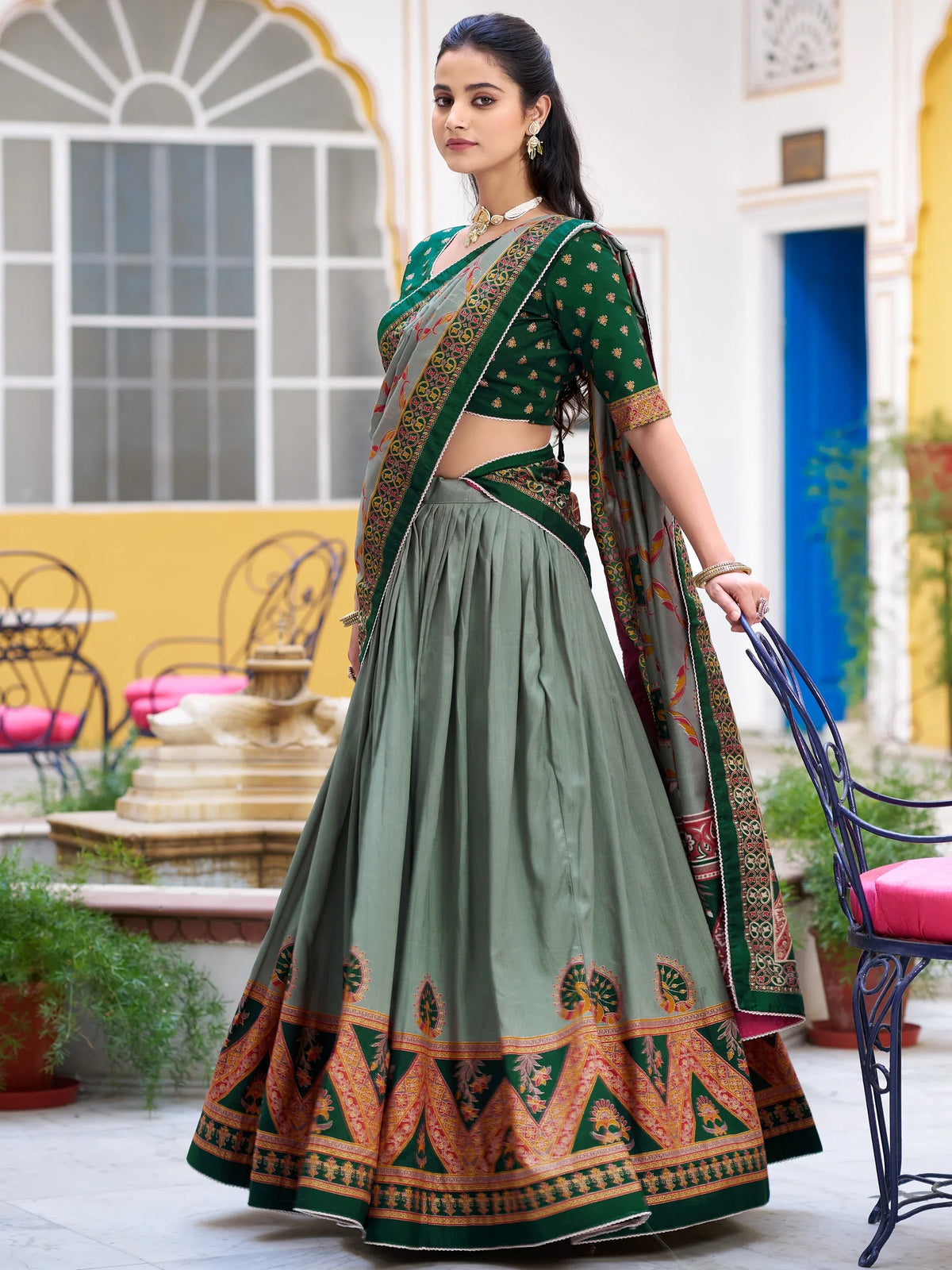 Precious Green Lace Border Silk Mehendi Wear Lehenga Choli With Dupatta