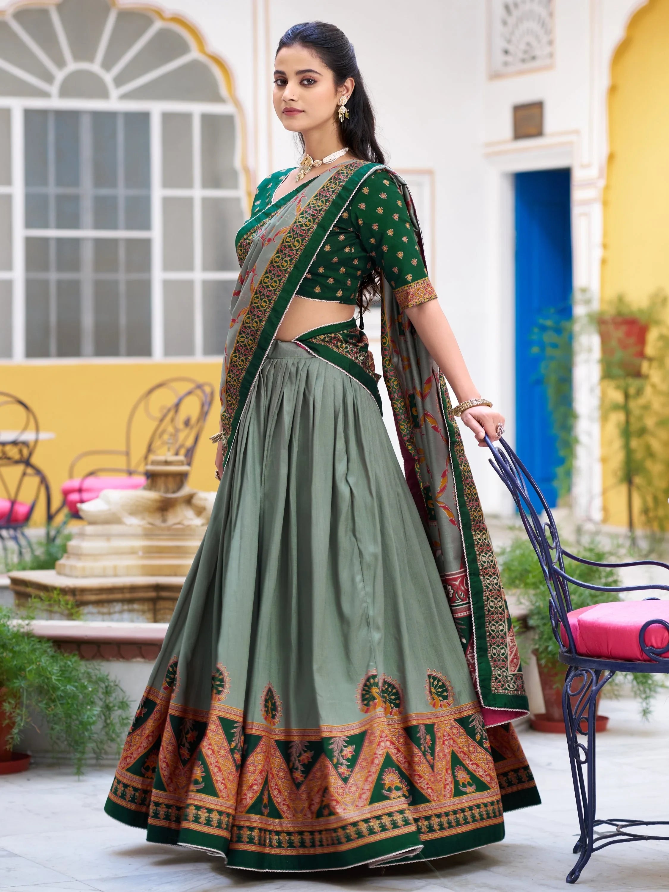 Precious Green Lace Border Silk Mehendi Wear Lehenga Choli With Dupatta