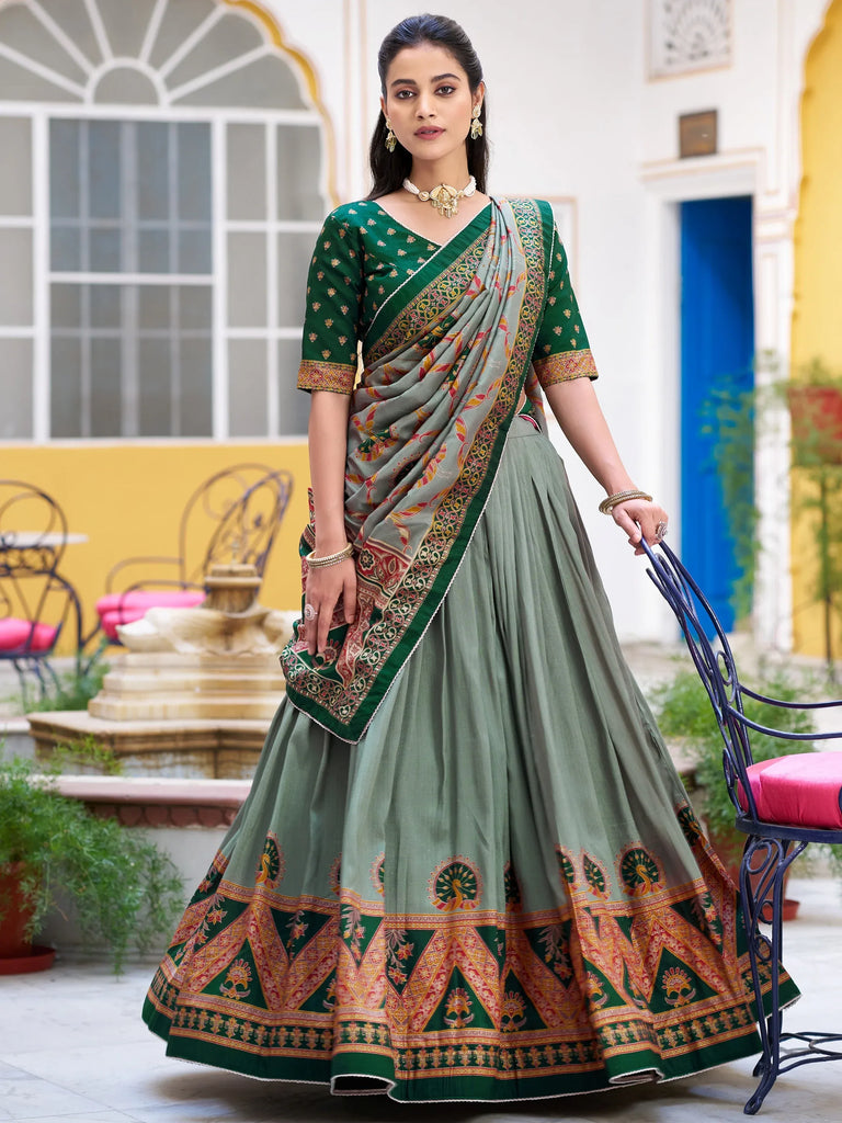 Precious Green Lace Border Silk Mehendi Wear Lehenga Choli With Dupatta