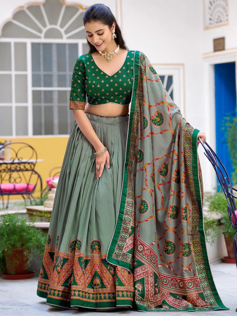 Precious Green Lace Border Silk Mehendi Wear Lehenga Choli With Dupatta