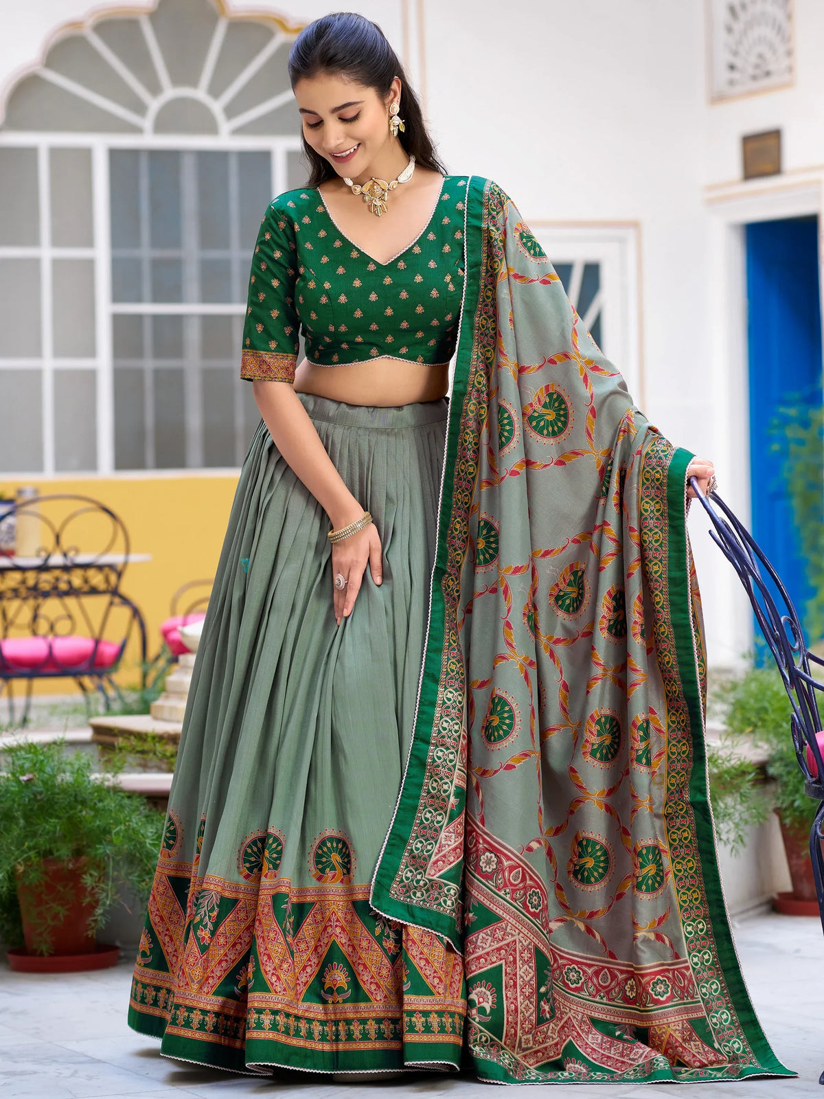 Precious Green Lace Border Silk Mehendi Wear Lehenga Choli With Dupatta
