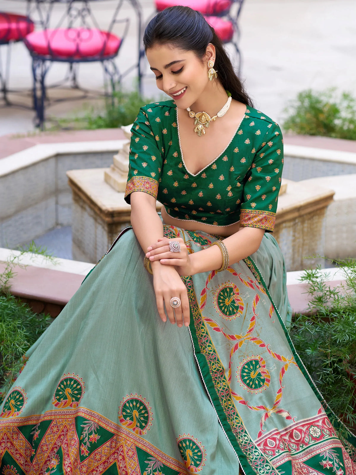 Precious Green Lace Border Silk Mehendi Wear Lehenga Choli With Dupatta