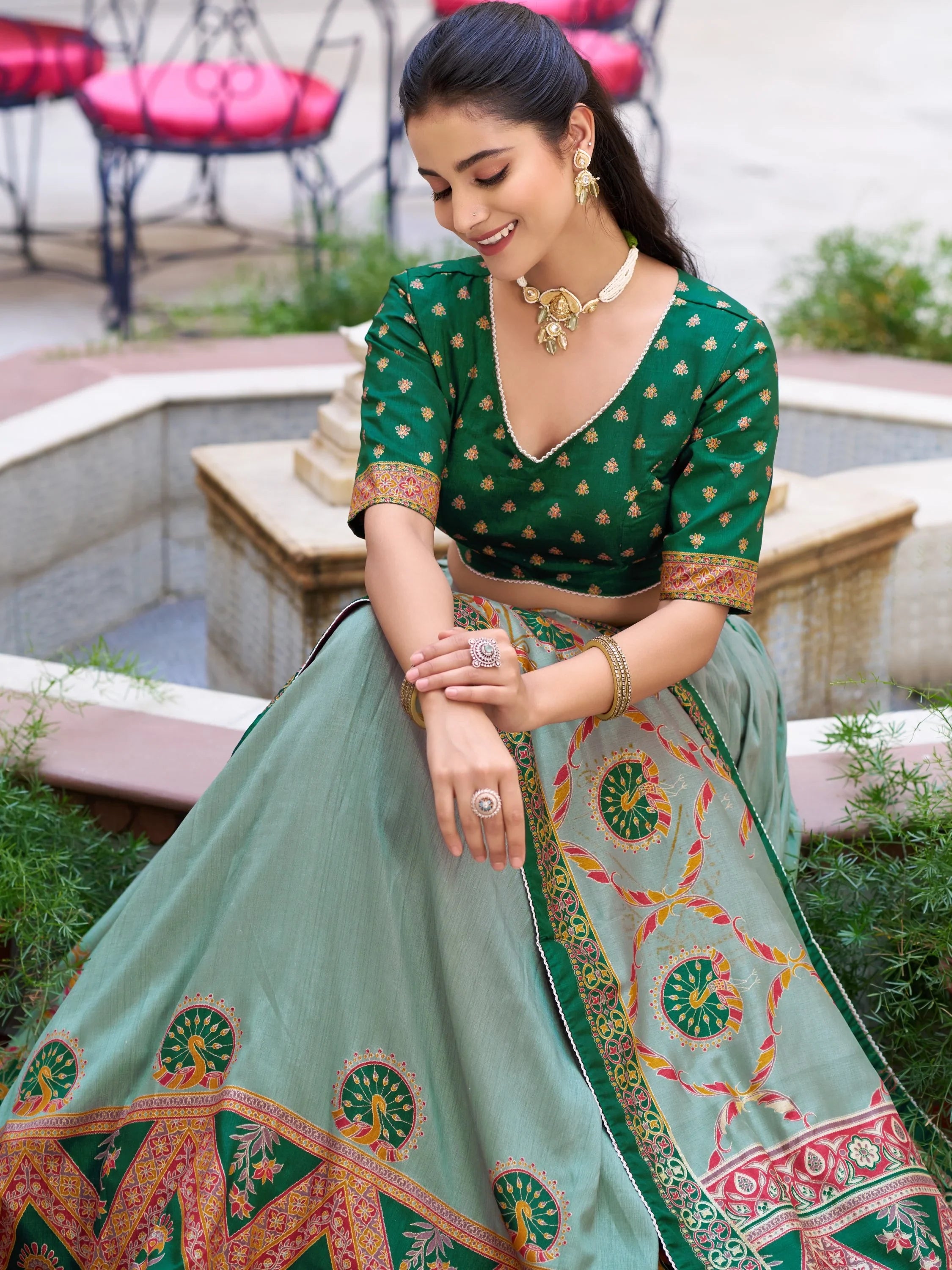 Precious Green Lace Border Silk Mehendi Wear Lehenga Choli With Dupatta
