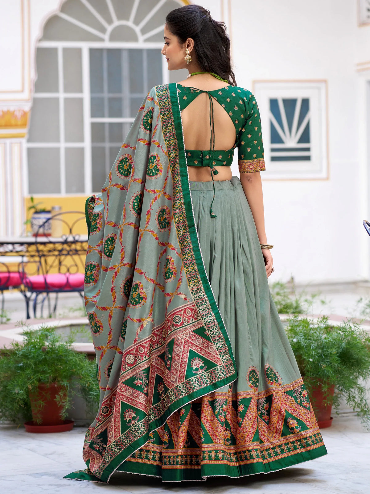 Precious Green Lace Border Silk Mehendi Wear Lehenga Choli With Dupatta