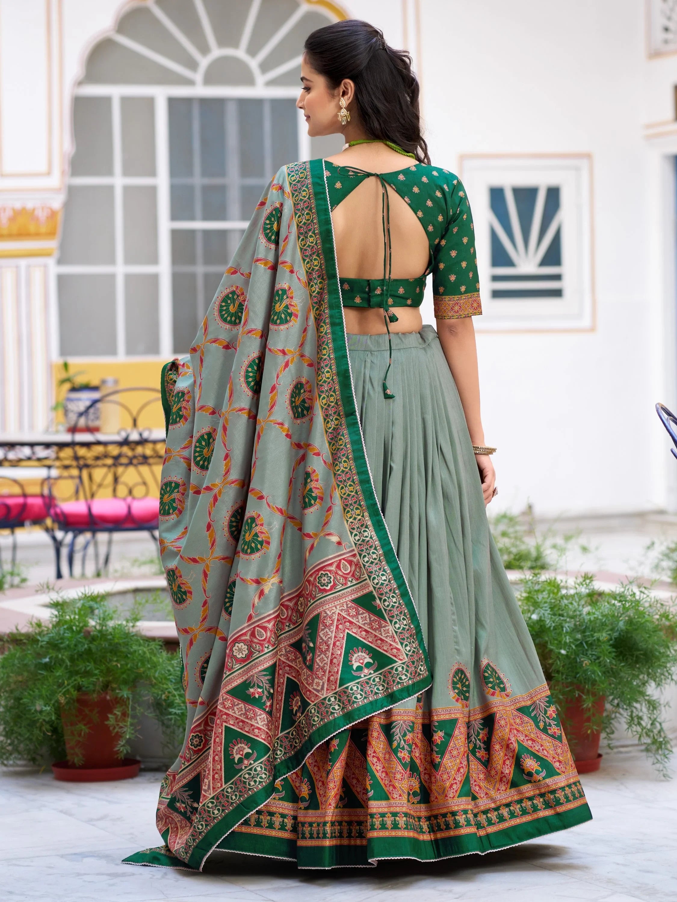 Precious Green Lace Border Silk Mehendi Wear Lehenga Choli With Dupatta