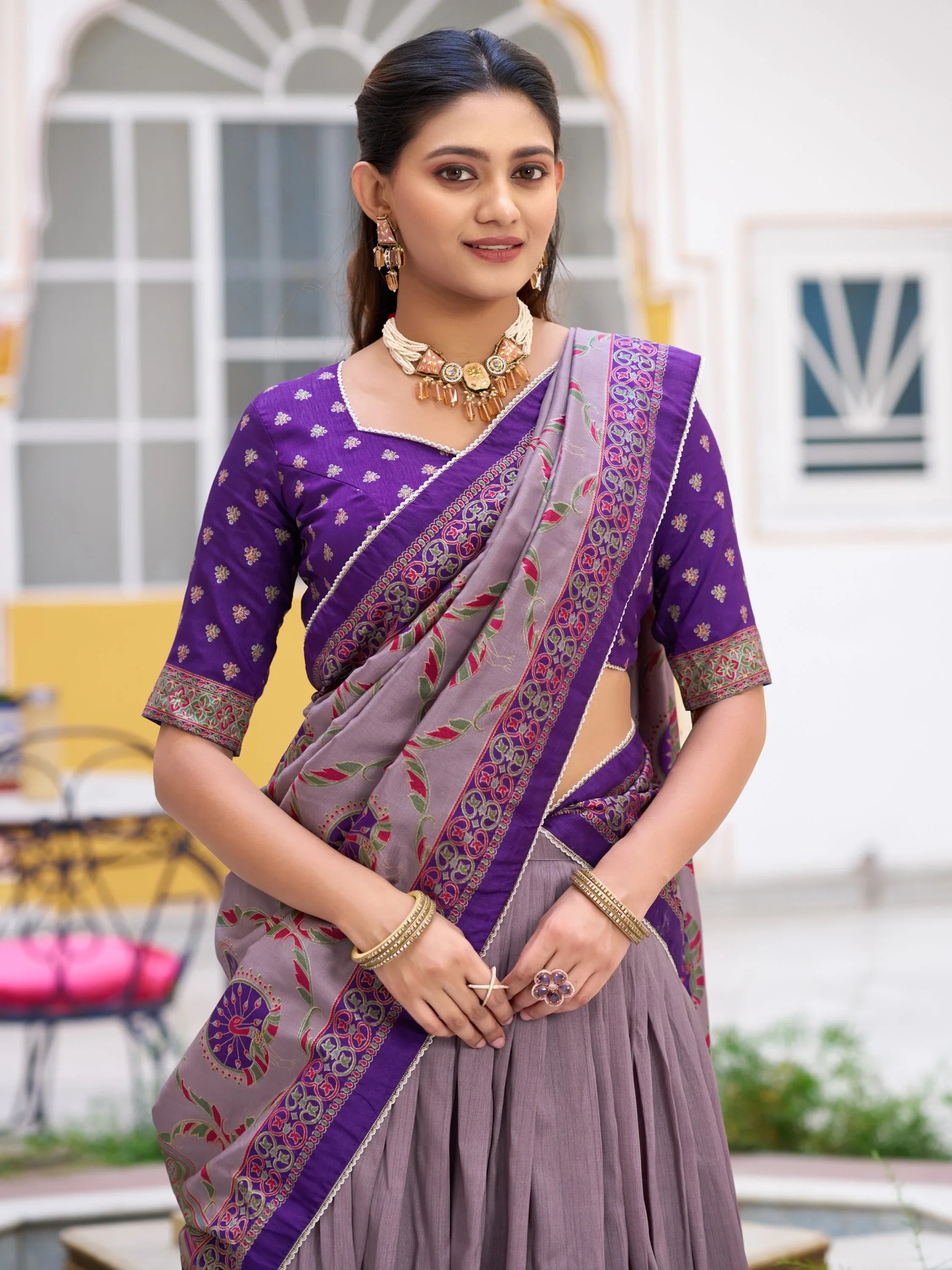 Dazzling Purple Lace Work Silk Function Wear Lehenga With Blouse