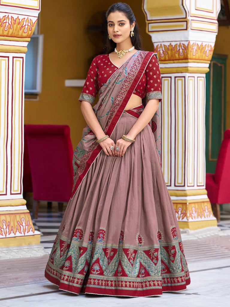 Spectacular Maroon Digital Printed Silk Marriage Wear Lehenga With Choli